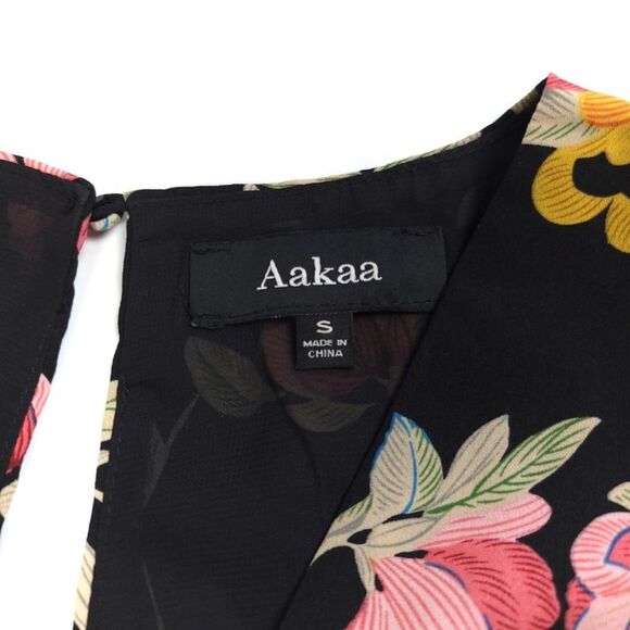 AAKAA Plunge Front Cutout Fit and Flare Mini Dress in Black Floral Womens Small - Picture 2 of 10